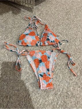 Smocked Floral Print Tie-Side Bikini Set in Orange & Light Blue
